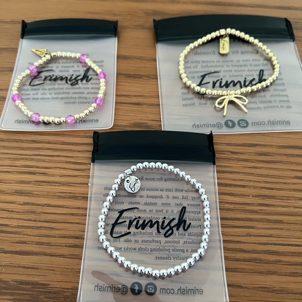 ERIMISH beaded stretch bracelets set of three silver gold bow NEW!